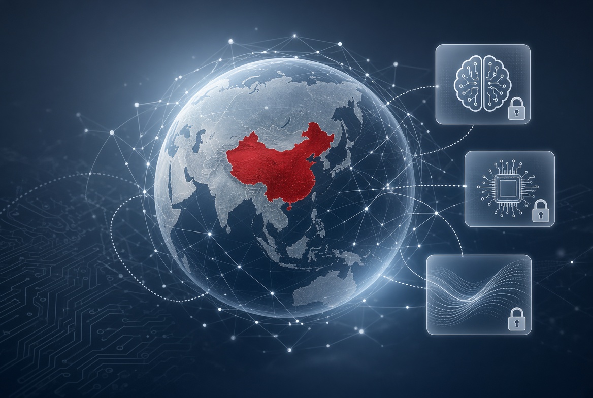 Advanced artificial intelligence server clusters and neural computing chips representing AI export controls