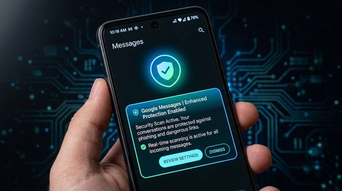 Android smartphone displaying Google Messages Enhanced Protection Mode with security shield icon