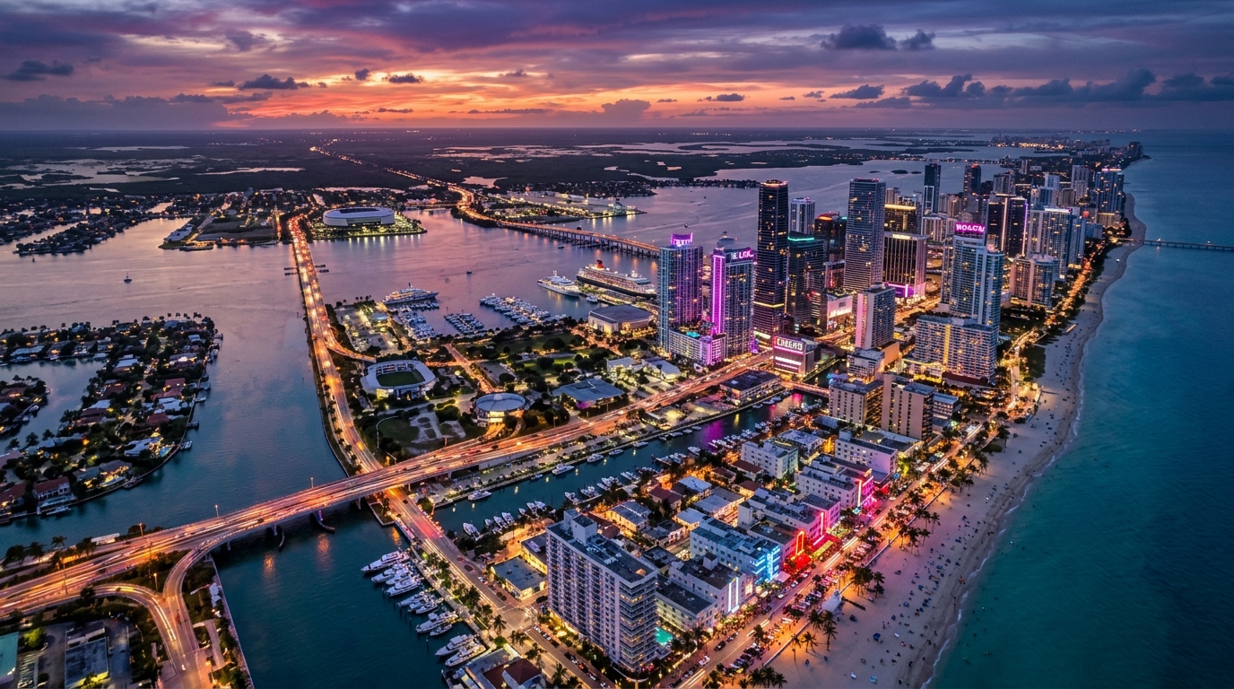 GTA 6 map size and Leonida Vice City cityscape at twilight