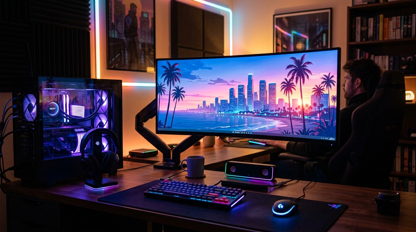 GTA 6 PC gaming setup with ultrawide monitor displaying sunset city coastline