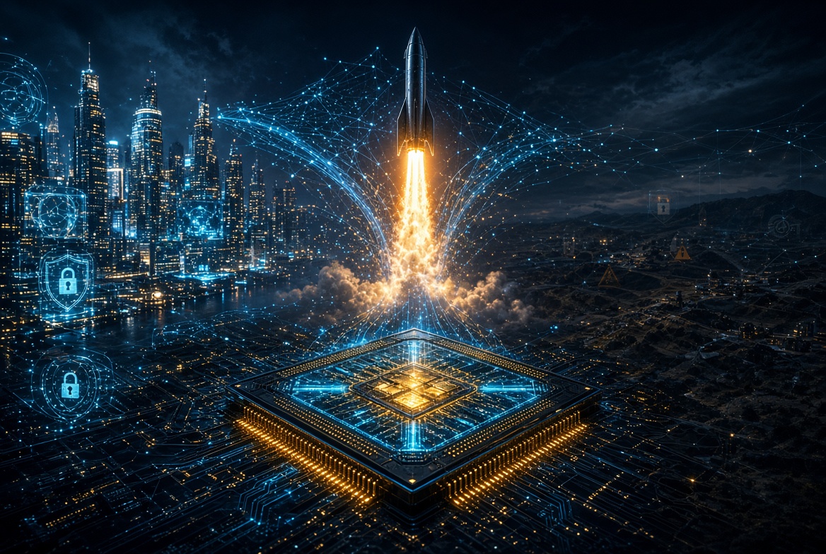 SpaceX AI supercomputing data center with glowing blue high performance GPU clusters