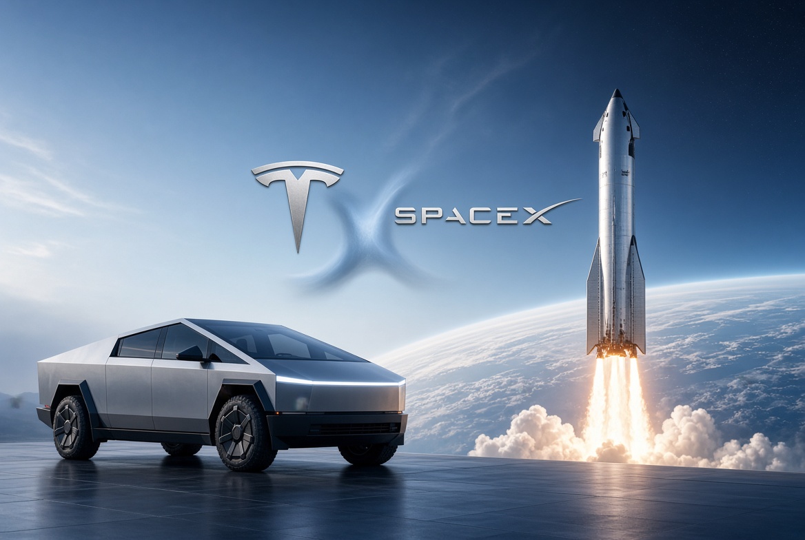 Tesla vehicle alongside SpaceX rocket Starship on launchpad representing potential merger